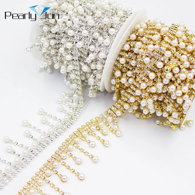 1/5 Yards Pearl Tassel Crystal Metal Chain DIY Decoration Welding Rhinestone Trim Sew on Clothing Shoes Bag Accessories ML172