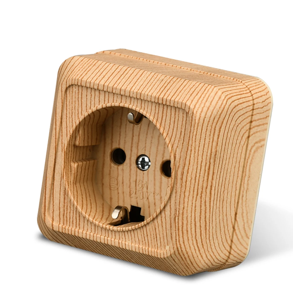 WESA Wooden Wall Surface Socket Plugs EU Electrical Outlets Ground Imitation Wooden Outdoor Power Socket Flame Retardant Plastic