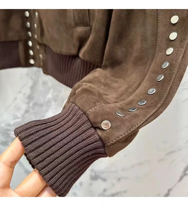 Vintage Women's Genuine Kid Suede Leather Jacket 2025 Rivet Stylish Coat Green Leather Bomber Jacket Baseball Uniform Mujer Ropa