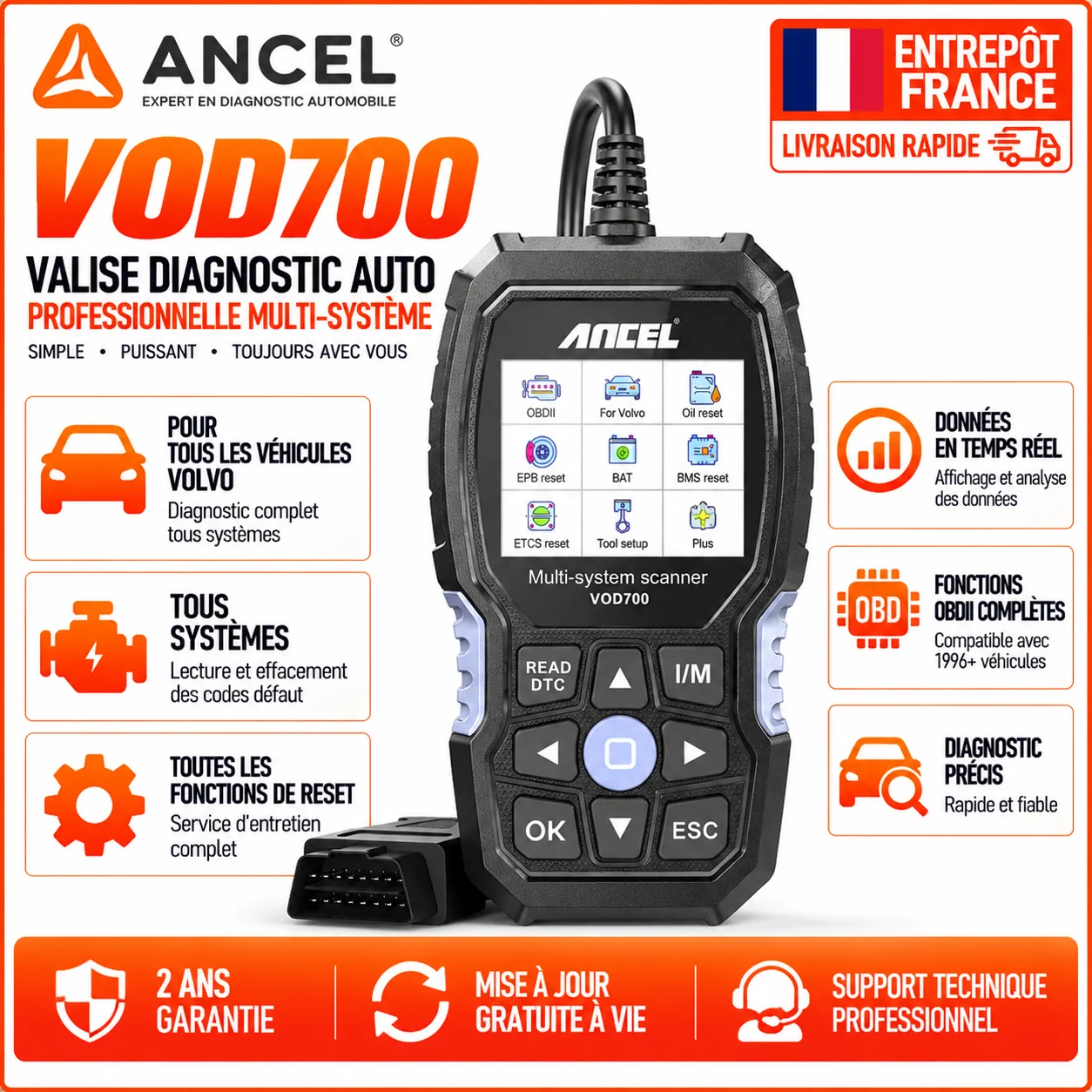ANCEL VOD700 Professioneller OBD2-Scanner für Volvo Vollsystem-Autodiagnosegerät Alle Reset-Dienste Lebenslange Kostenlose Updates Auto-Codeleser