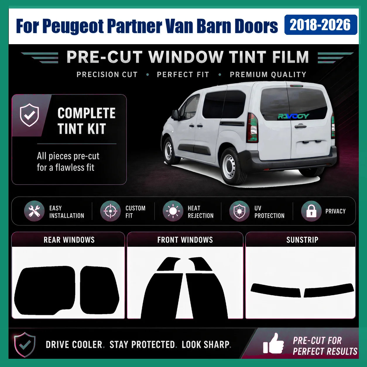 For Peugeot Partner Van Barn Doors 2018-2026 Precut Tint Film Tailored Front & Rear Window RAVOOY Heat Reject