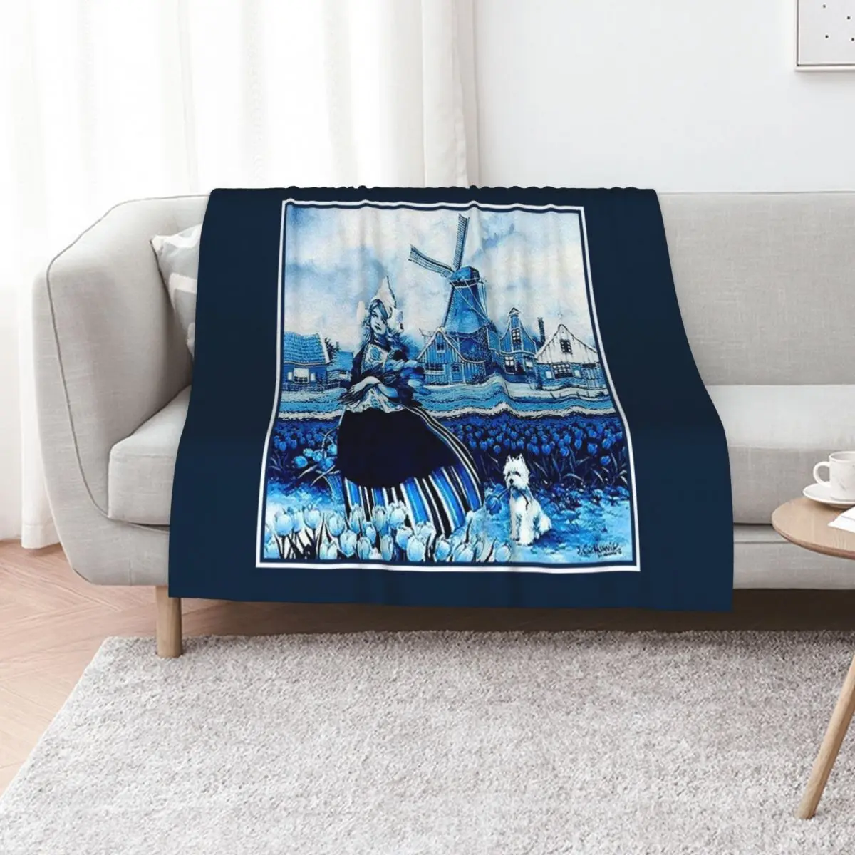 DUTCH BLUE DELFT : Vintage Windmill, Young Girl, Dog and tulips Print Throw Blanket Luxury St Softest warm winter Blankets