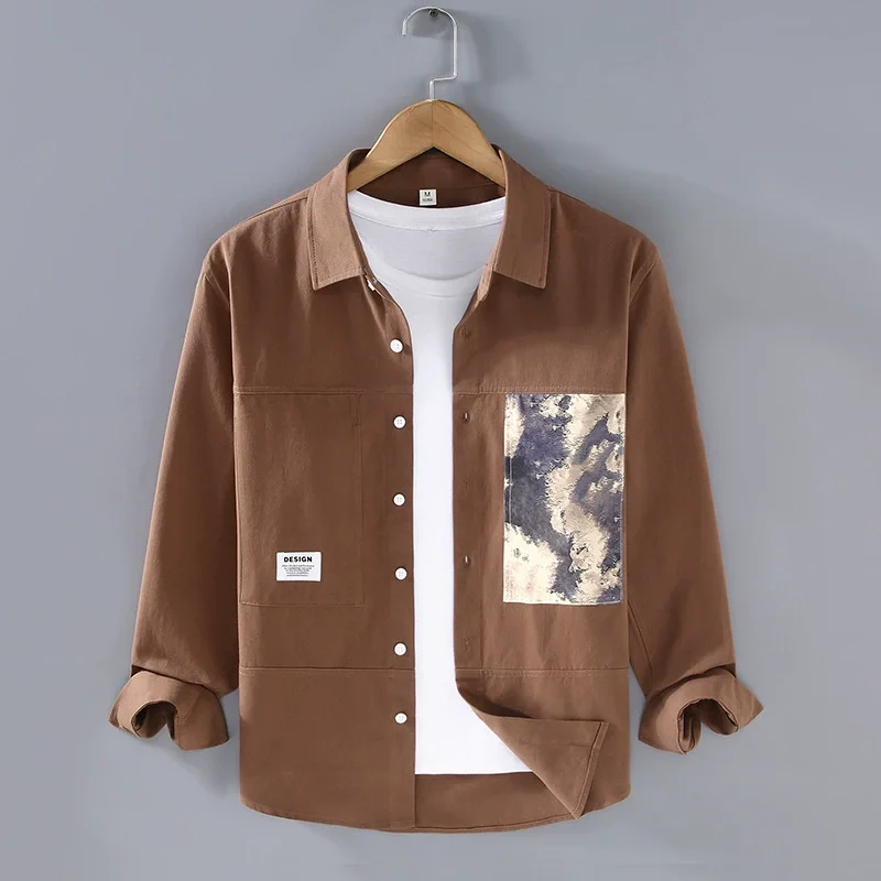 Natural Cotton Trendy Shirts For Men Long Sleeved Patchwork Print Spring Quality Workwear Breathable All Match Camisas De Hombre