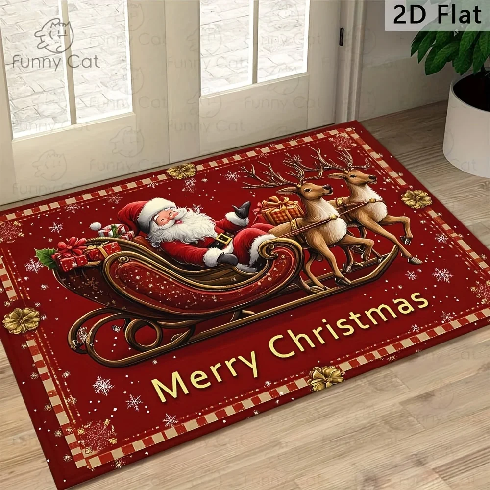 VIKAMA Christmas Doormat Non‑Slip Front Entrance Rug Washable Indoor Outdoor Xmas Sleigh Reindeer Winter Door Decor Mat Home