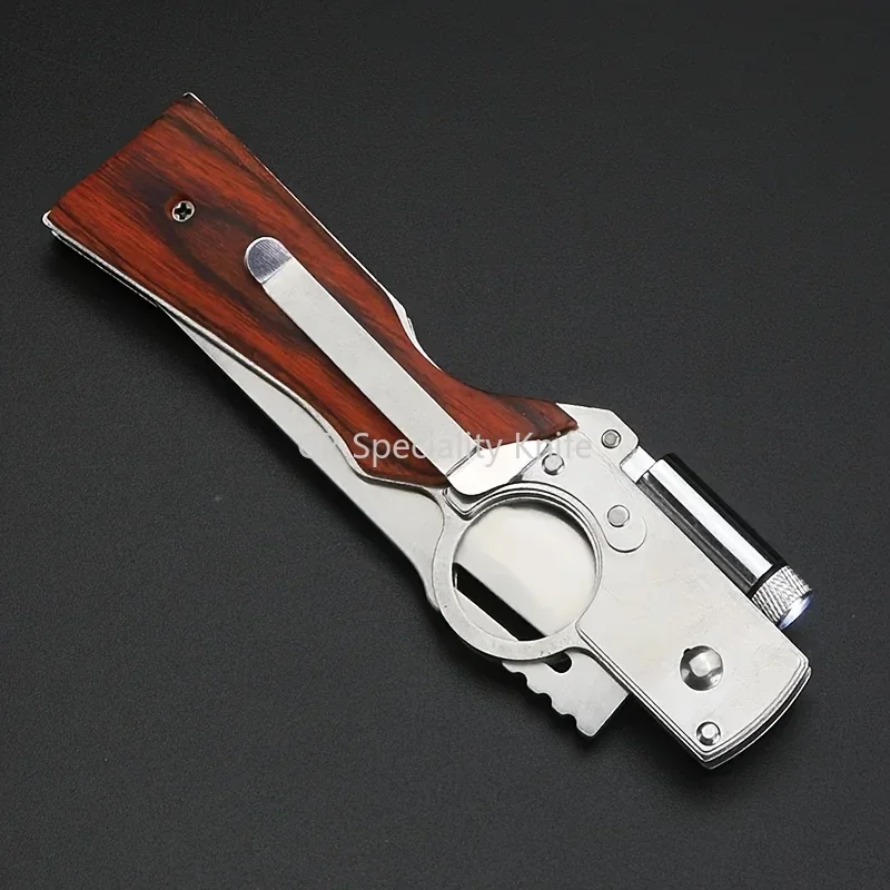 Portable AK47 EDC Folding Knife Outdoor Hunting Wooden Handle Tactical Self Defense Utility Tools with LED Lights Multi Knives