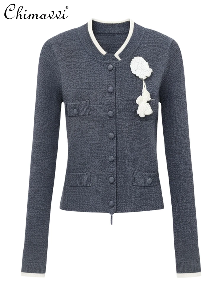 Осень-зима 2022, новый модный тонкий серый вязаный кардиган, женский милый трехмерный цветочный декор, элегантный свитер, пальто