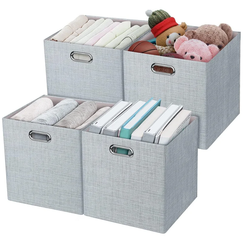 

4Pack 13in Storage Cubes Collapsible Bins with Metal Handles for Shelf Cabinet Bookcase Organization Heavy Duty Sturdy Foldable