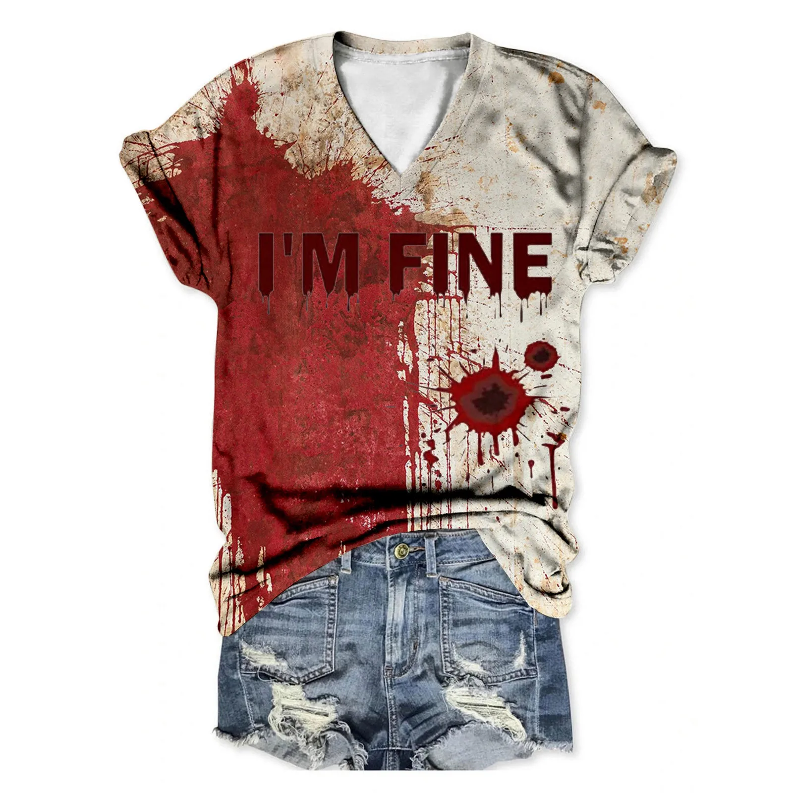 Camiseta con estampado de manos I Am Fine Blutige Schrift, camiseta de manga corta con cuello en V para Halloween, camiseta sangrienta desgastada para fiesta de vacaciones