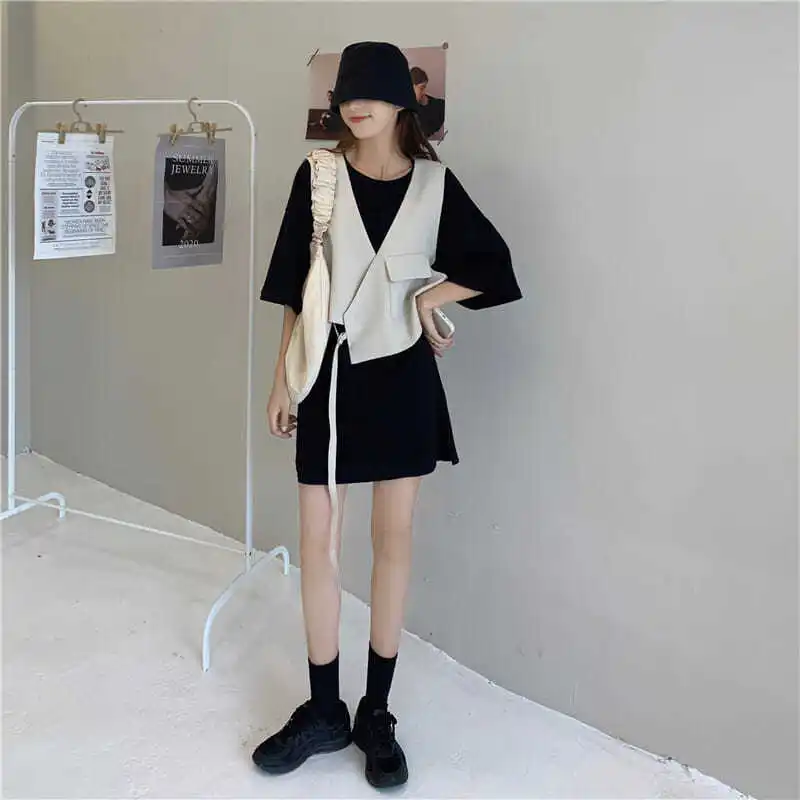 Sets Women Pockets Extra Summer New Design Irregular Vest Solid Two-piece O-Neck All-match College Student Streetwear Young Lady