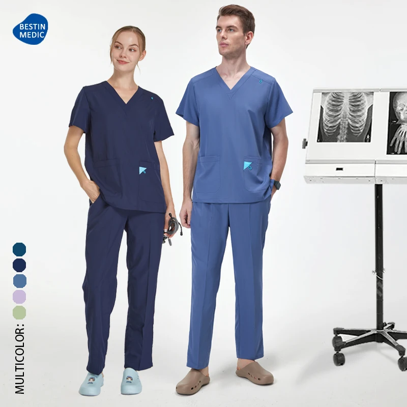 Unisex Scrub Set:V-Neck Solid Top & Straight Leg Pant Medical Uniforms Dental Hospital Nurse Suit Stretch Surgeon Workwear S12