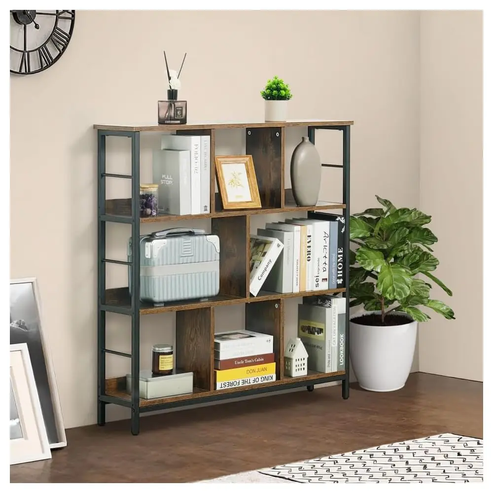 

8 Cube Storage Organizer, 40” Wide 3 Tier Rustic Oak Industrial Open Shelf Bookcase, Display Shelf, Horizontal Bookshelf With
