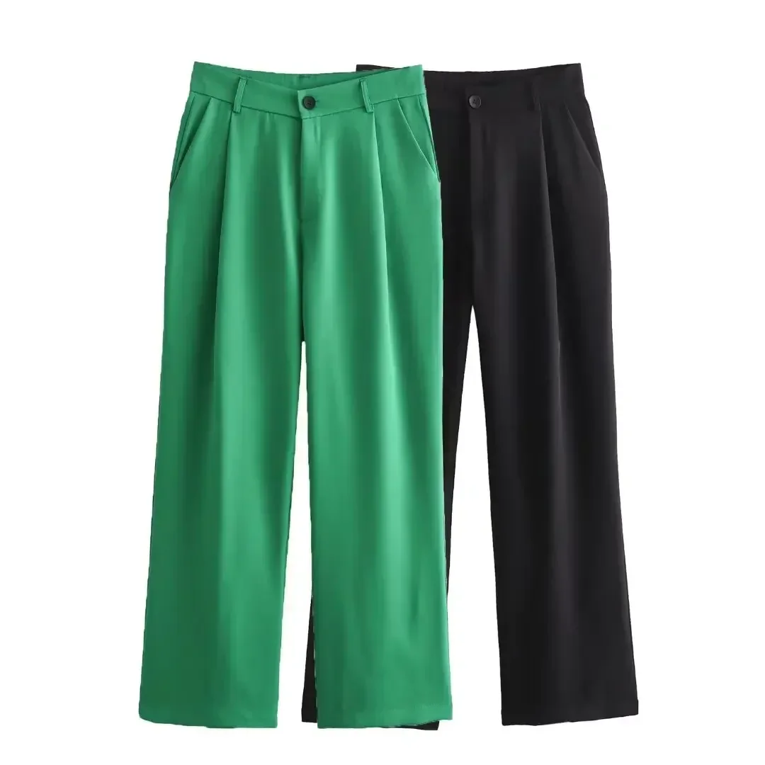 

Women's 2024 New Fashion Loose Casual Draping Pleated Wide Leg Pants Vintage High Waist Side Pocket Women's Pants Mujer