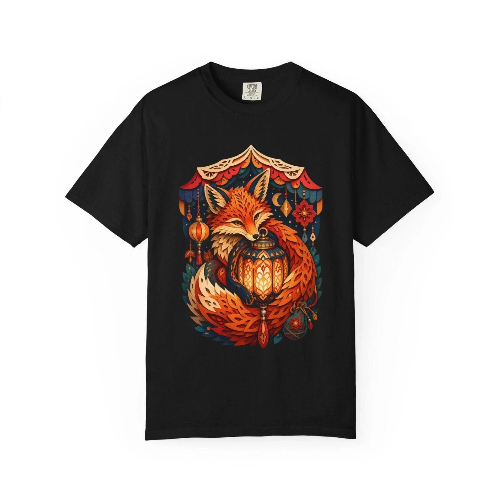 Paper Cut Fox Lantern T-Shirt Graphic Custom Printed Graphic T Shirts Short Sleeve Ropa Hombre