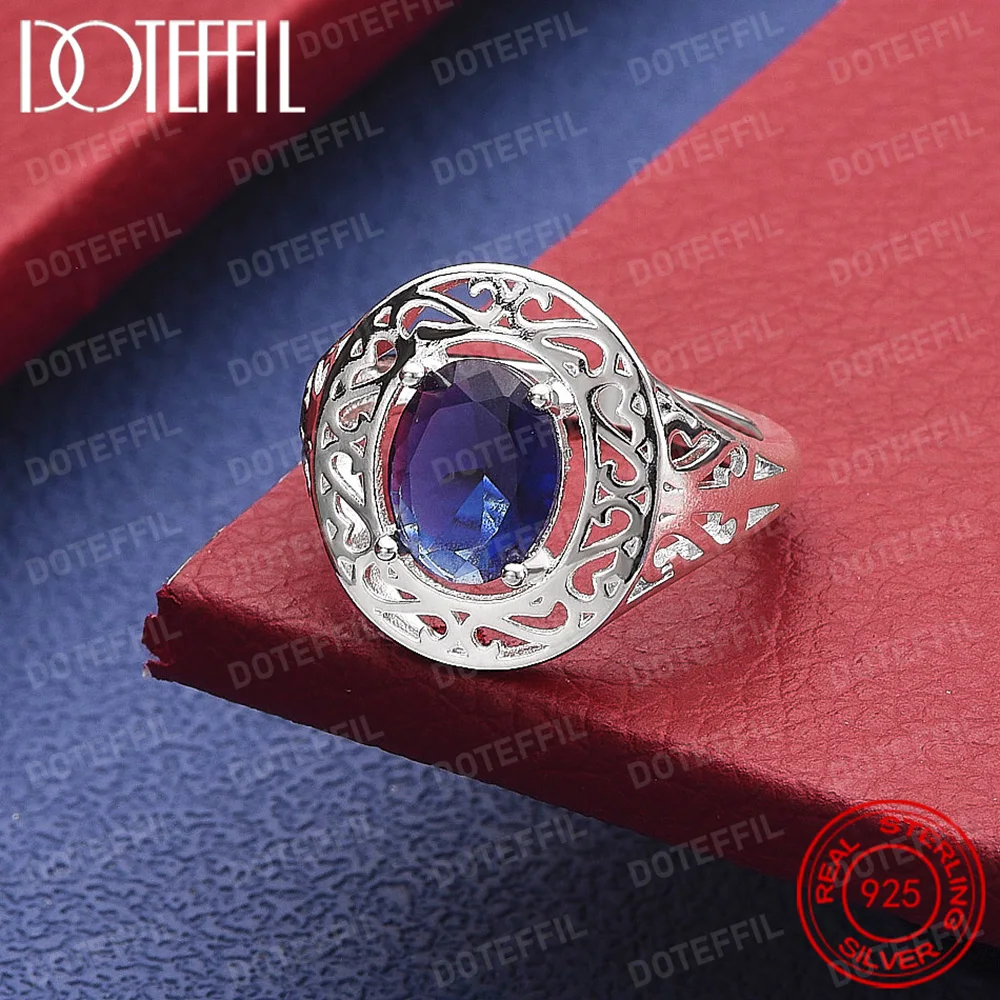 

925 Sterling Silver Sparkling Blue Crystal Ring Women's Fashion Charm Wedding Jewelry Accessories