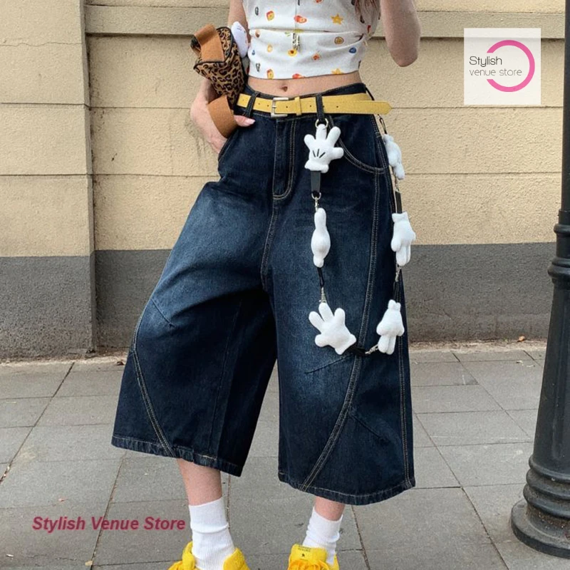 American retro Leopard-lettered embroidered denim cropped trousers for women's summer new fashion loose slim wide-leg shorts.