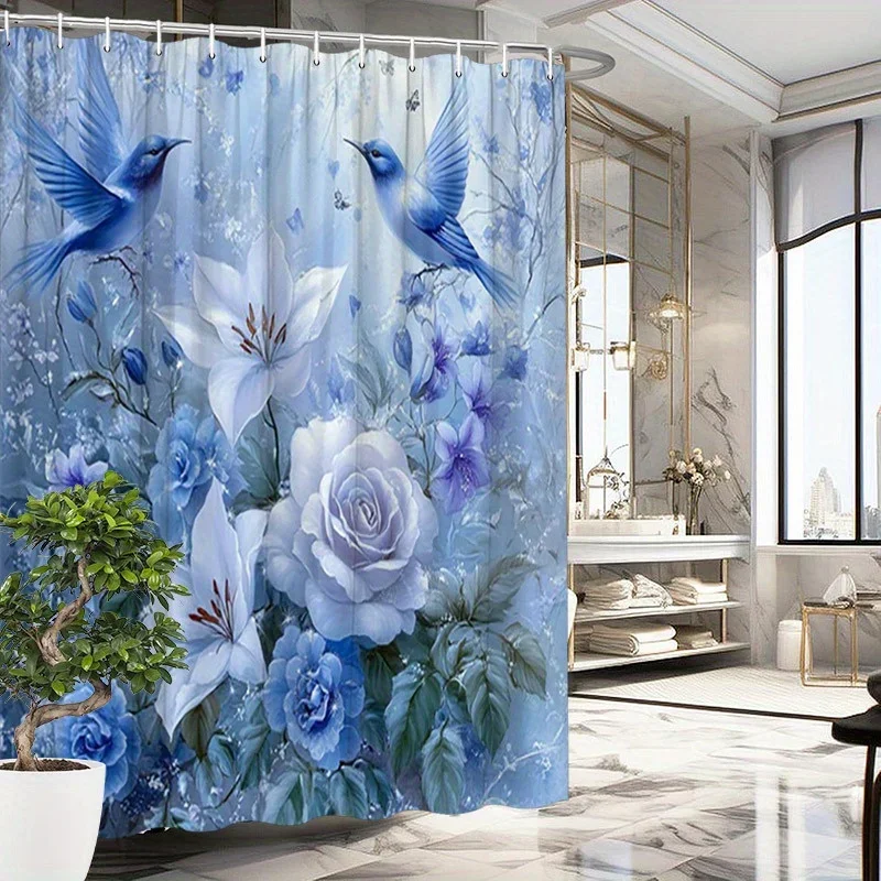 ~O~1pc Blue Birds & Lilies Shower Curtain - Forget-Me-Nots Design, Polyester, 70.8x70.8