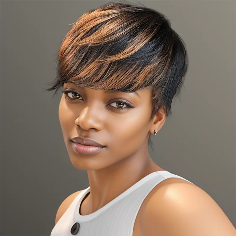 

Короткие стрижки пикси 1B/33, прямые парики с челкой для чернокожих женщин, парик машинного производства, яркий цвет