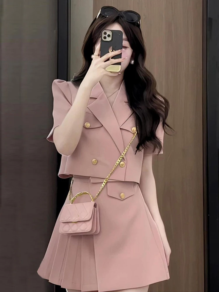 Korean Fashion 2 Piece Outfit Women Short Cropped Tops Coat Blazer Suit Jacket High Waist Mini Skirt Sets Work Style Clothing