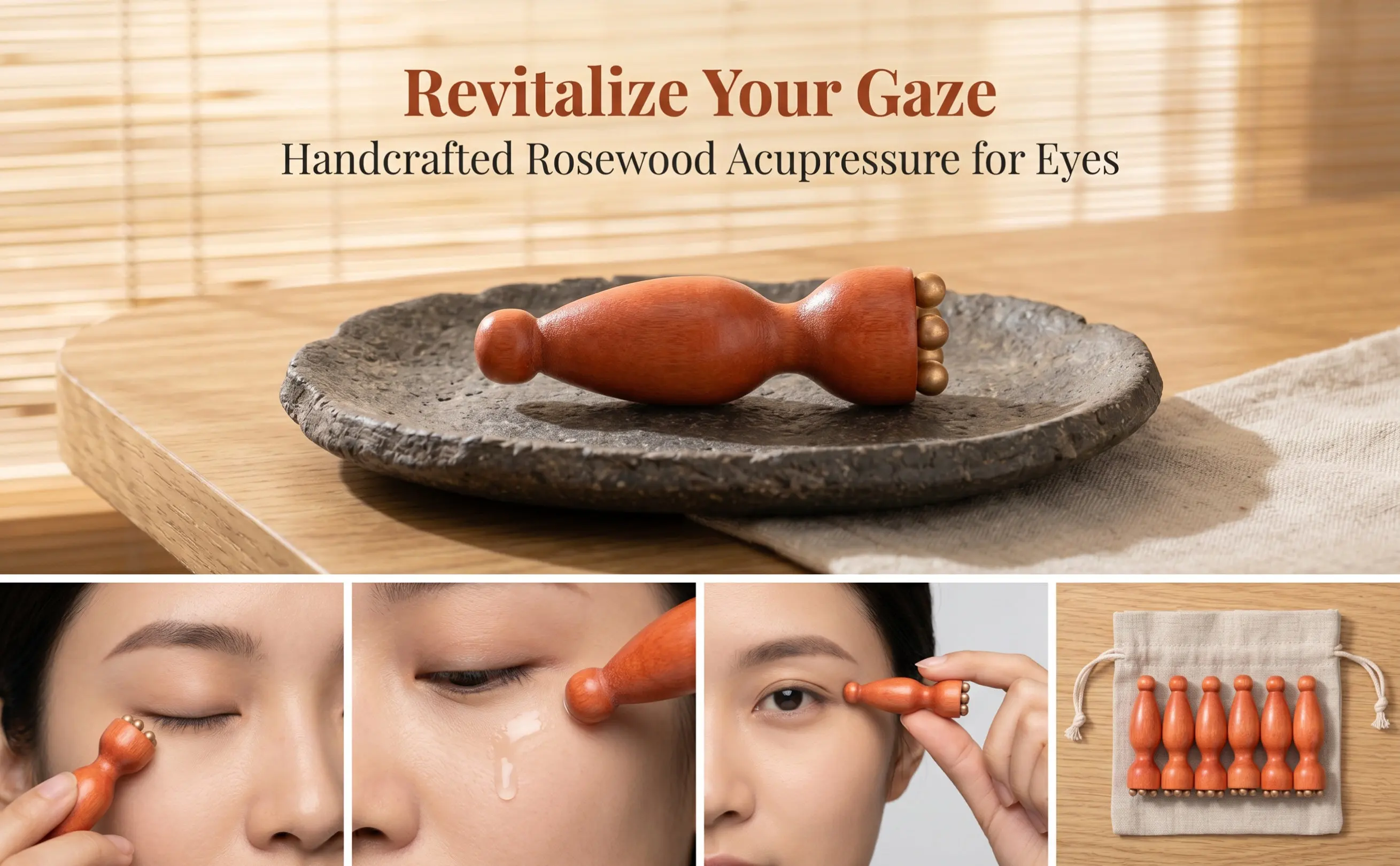 6Pcs Wooden Eye Massager Tool Lotus Pod Shape Ergonomic Handle Portable Face Sculpting Gua Sha Massage Stick for Under Eye