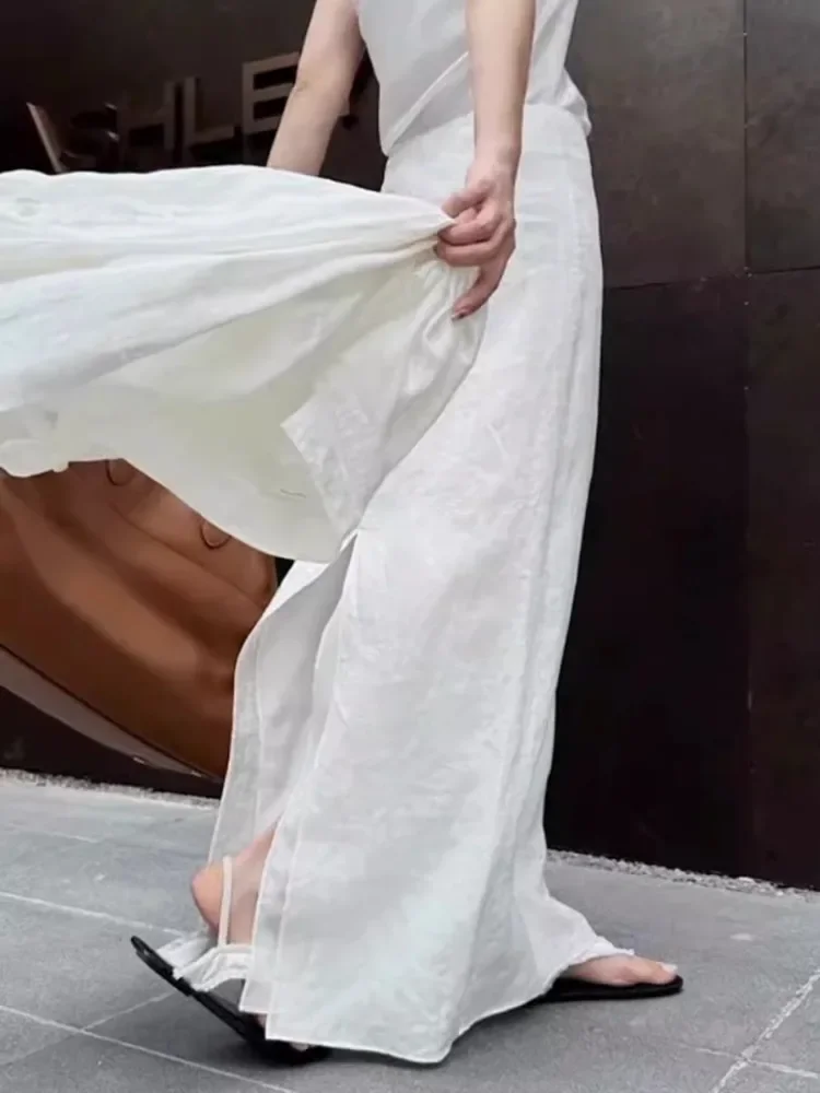 Vintage White Linen Maxi Skirt Straight Cotton High Waisted Split Casual Long Skirts for Women Office Lady Summer Skirt