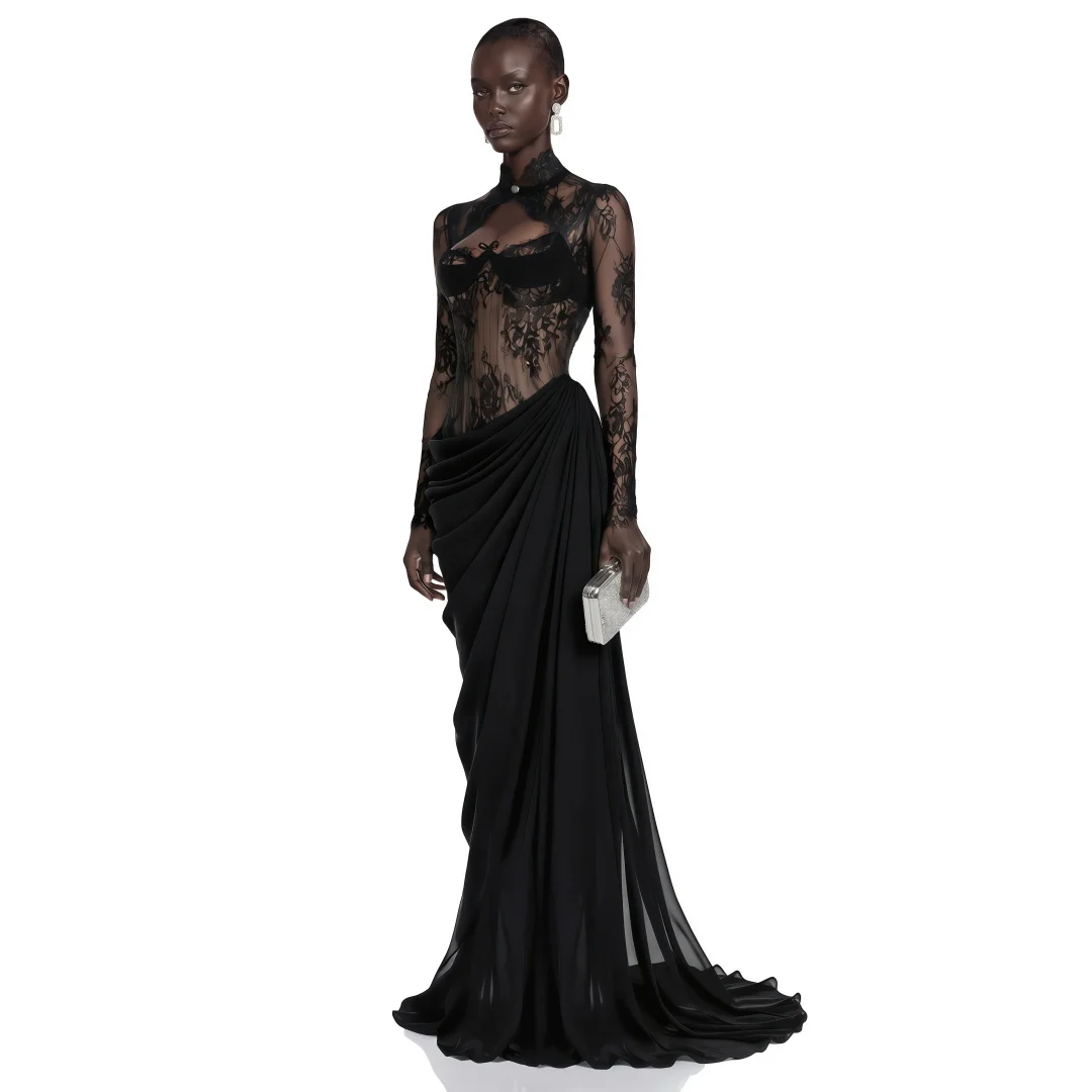 Vestido de Noche Cathy Personalizado Negro con Pliegues Drapeados, Malla Ilusoria, Vestidos de Noche con Encaje Bordado, Vestidos de Noche Sexys 2026