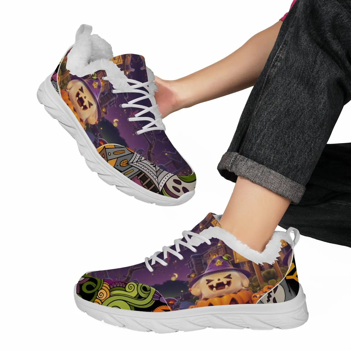 

Lightweight Parent-child Shoes with Halloween Print Design Fashionable Niche Pumpkin Horror Pattern Lace-up Casual Sports Shoes