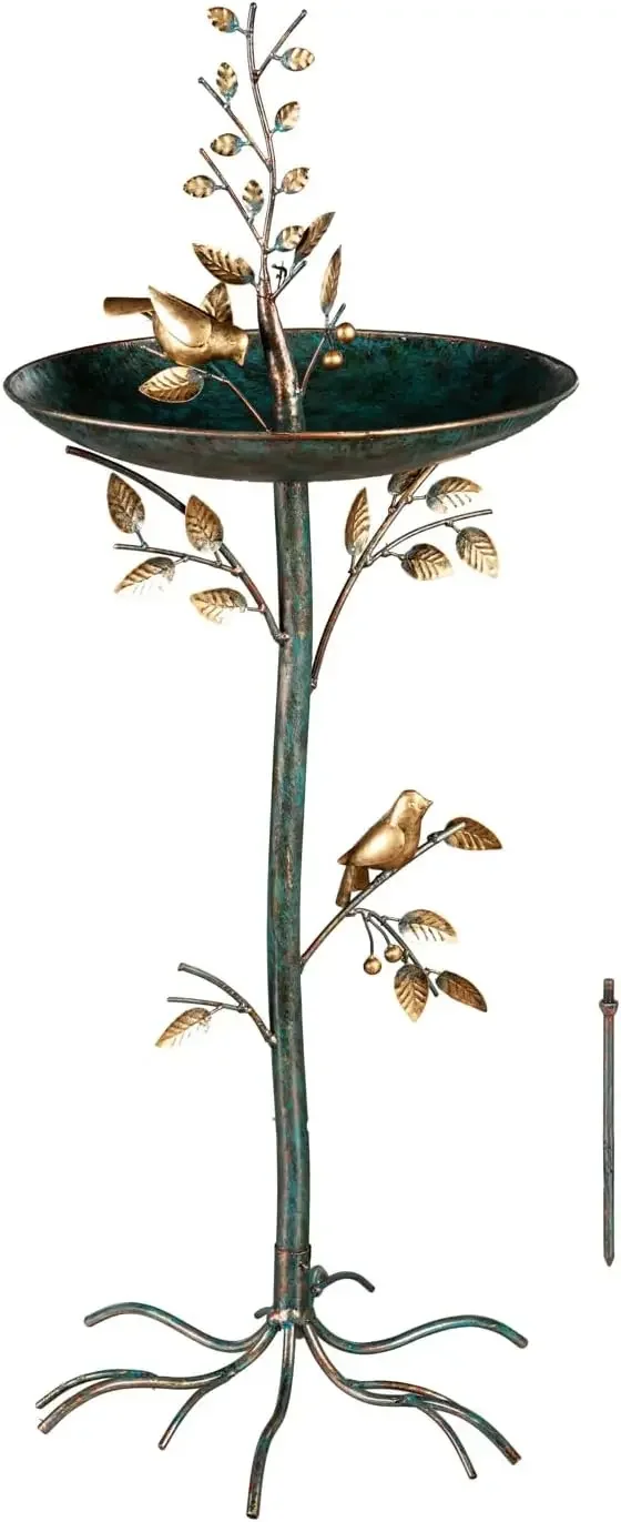 

Evergreen Cast Metal Outdoor Garden Bird Bath and Feeder on Pedestal | Birds on Leafy Branch | 37.5 inches Tall | Antique Finish