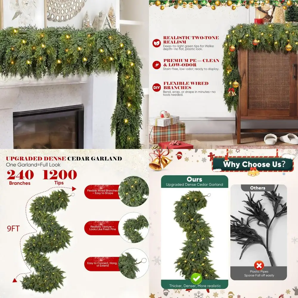 

Pre-lit Christmas Garland with 240 Cedar Branches and 50 Lights for Festive Decorations, Artificial Green Cedar for Holiday Acce