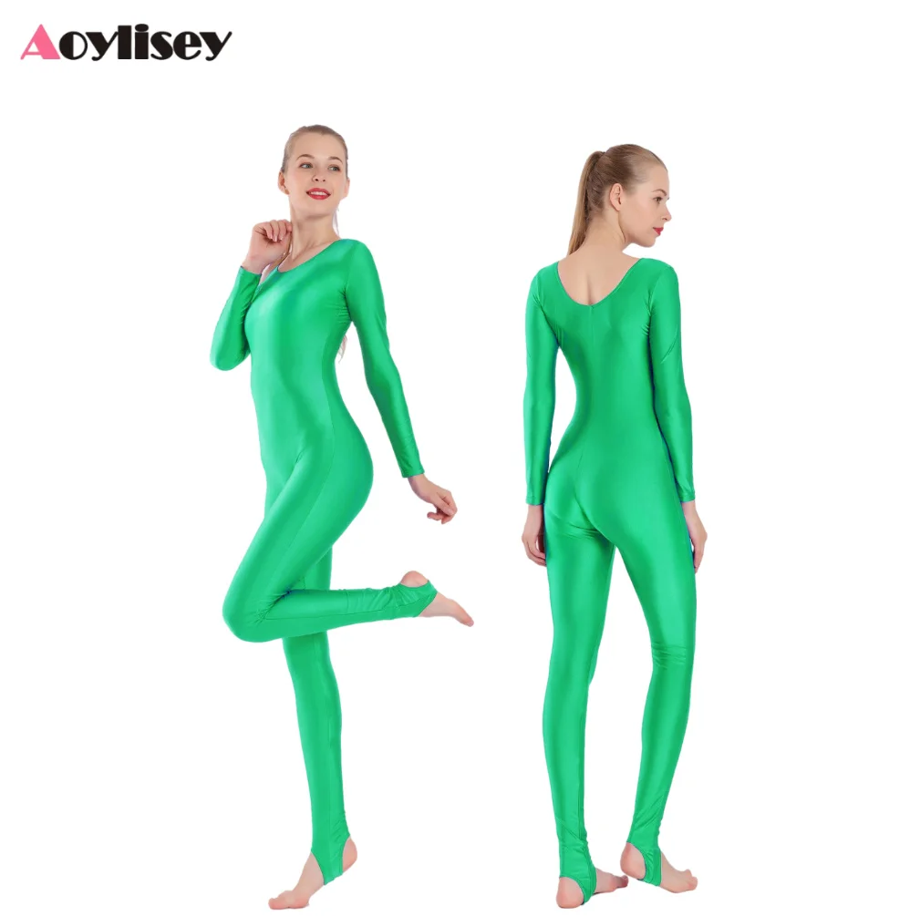 Femmes Spandex Unitards étriers Ballet Costume à manches longues adulte gymnastique corps complet Dancewear combinaison entraînement combishorts