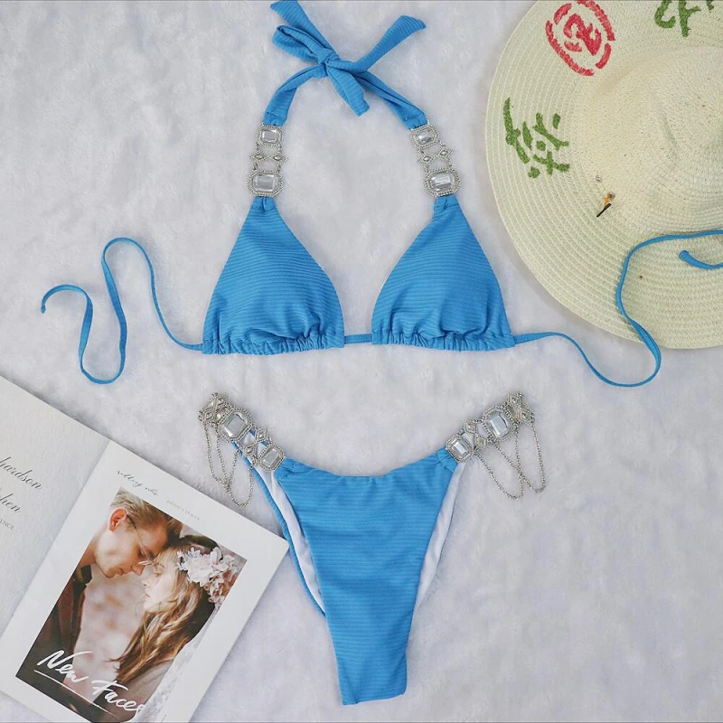 

Sexy bikini swimsuit in solid color, two-piece with straps and metal crystal accessories, women's swimwear
