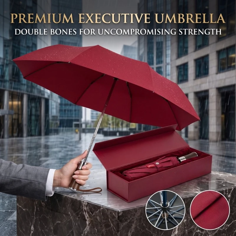 Double Bones Fully Automatic Umbrella for Men's Large Foldable Black High-end Business Wooden Handle Umbrella ﻿Premium Gift Box