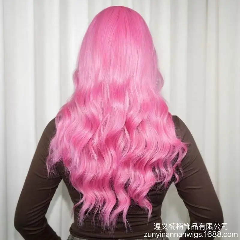 Wig for European and American women, pink long curly hair, big wavy curls, full head wig with air bangs