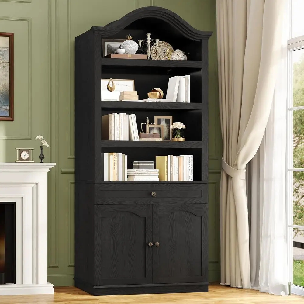 

82.7" Tall Arched Cabinet, 6-Tier Arched Bookcase with Large Der & Do, tile Black Bookshel or Dining Room, Kitchen, Living Room