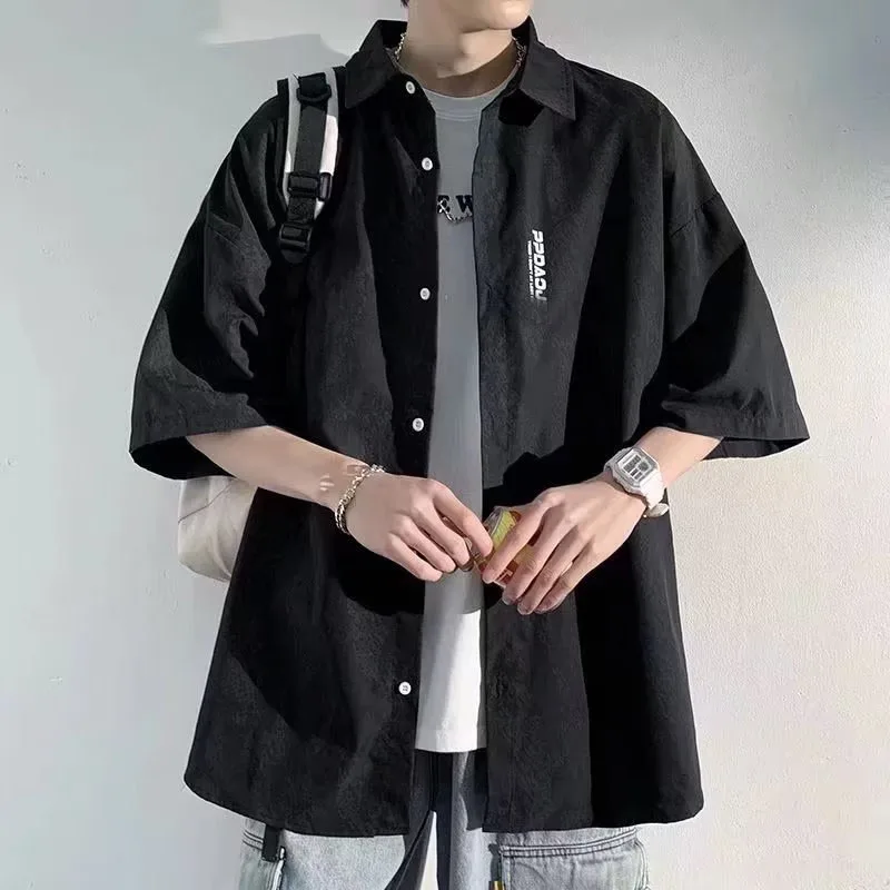 Odzież męska 2024 lato modny nadruk z krótkim rękawem oversize koszula na guziki młodzieżowe koreańskie Casual Streetwear Hip Hop Y2K topy