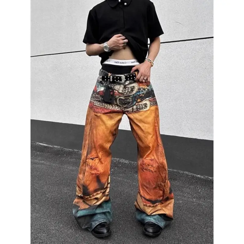 

American High Street Trendy Brand Men's Loose Straight Casual Pants Yellow Denim Jeans Digital Printing Multi-Waist Fake Hole