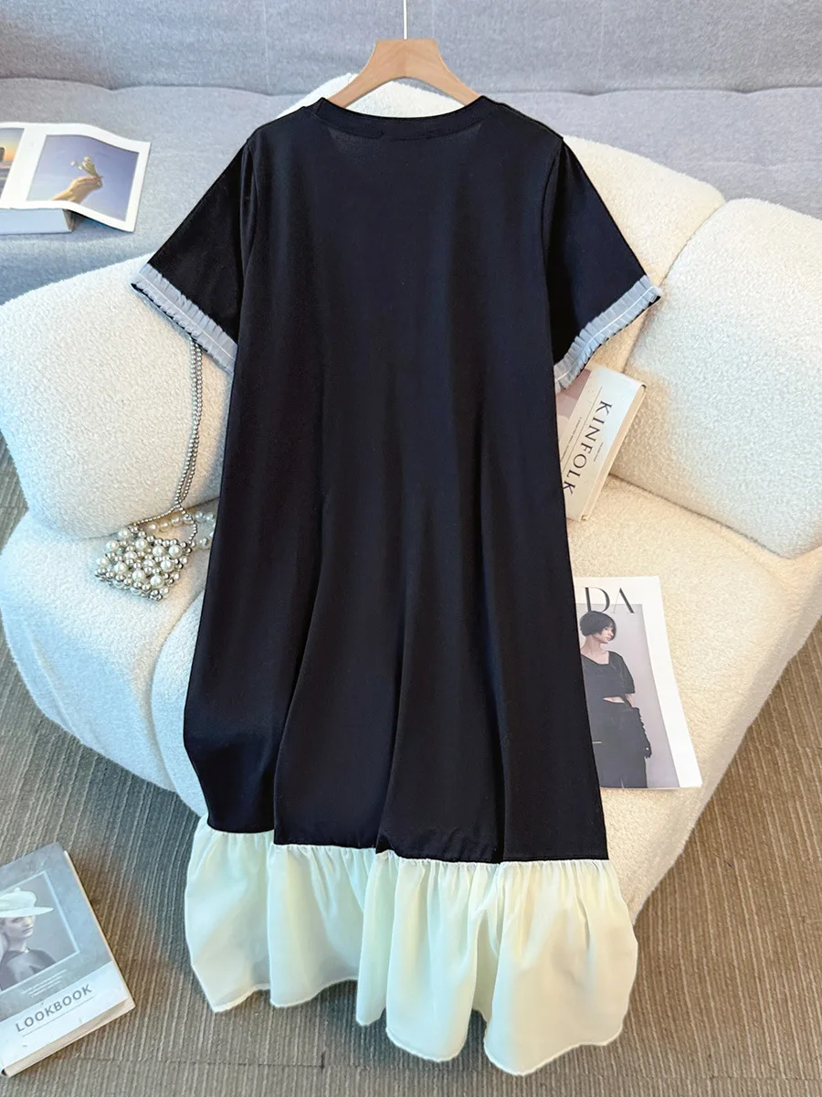 150Kg Plus Size Women's Bust 149 Summer Loose Short Sleeved O-Neck Contrasting Color Patchwork Dress Black 5XL 6XL 7XL 8XL 9XL