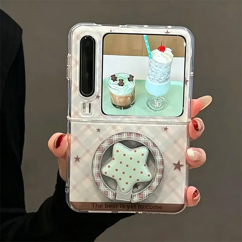 Cute Magnetic Plaid PC Phone Case Star Kickstand Cover For Samsung Z Flip7 Z Flip6 Z Flip5 Xiaomi Mix Flip Honor Magic V Flip 2