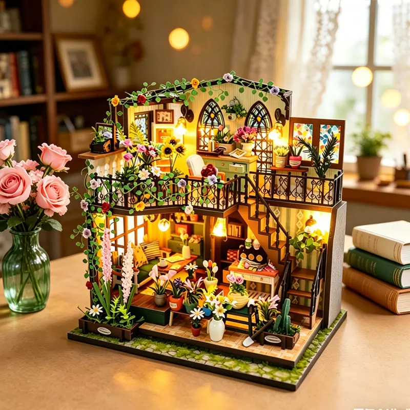 Zuuton Kit de Casa de Muñecas de Madera Bricolaje Villa Jardín de Flores con Luz LED Rompecabezas 3D con Muebles Regalo Creativo para Niñas y Adultos