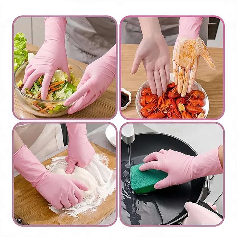 Disposable pure nitrile gloves, 12-inch extended, durable Pink household gloves suitable for daily cleaning and food handling