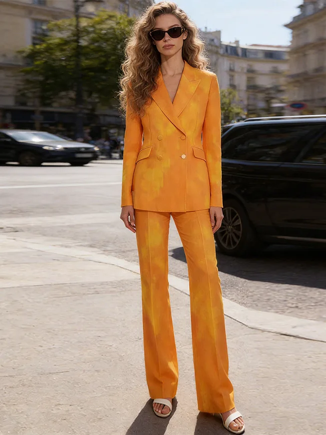 

Весенний комплект 2026: костюм с принтом тай-дай, двубортный пиджак и брюки, женская повседневная спортивная одежда в европейском стиле