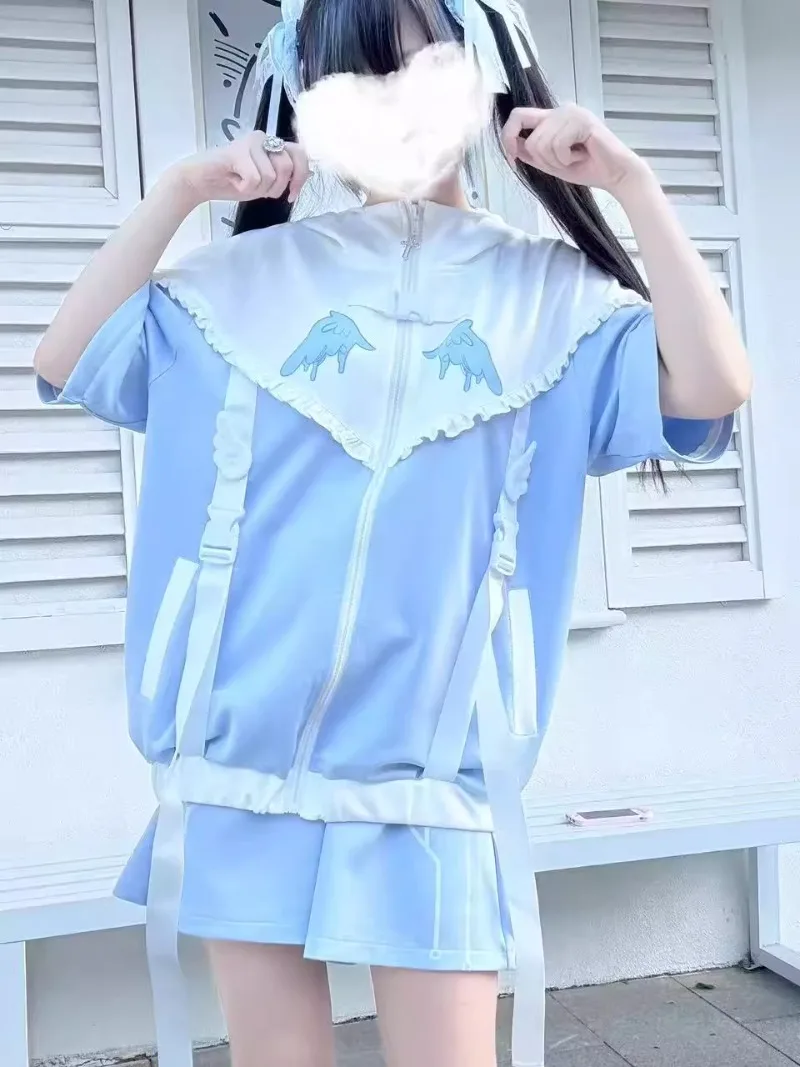 Summer Zipper Sweatshirt Original Japanese Subculture Water Color System Removable Sleeves Sweet And Cute Fox Ear Hooded Jacket