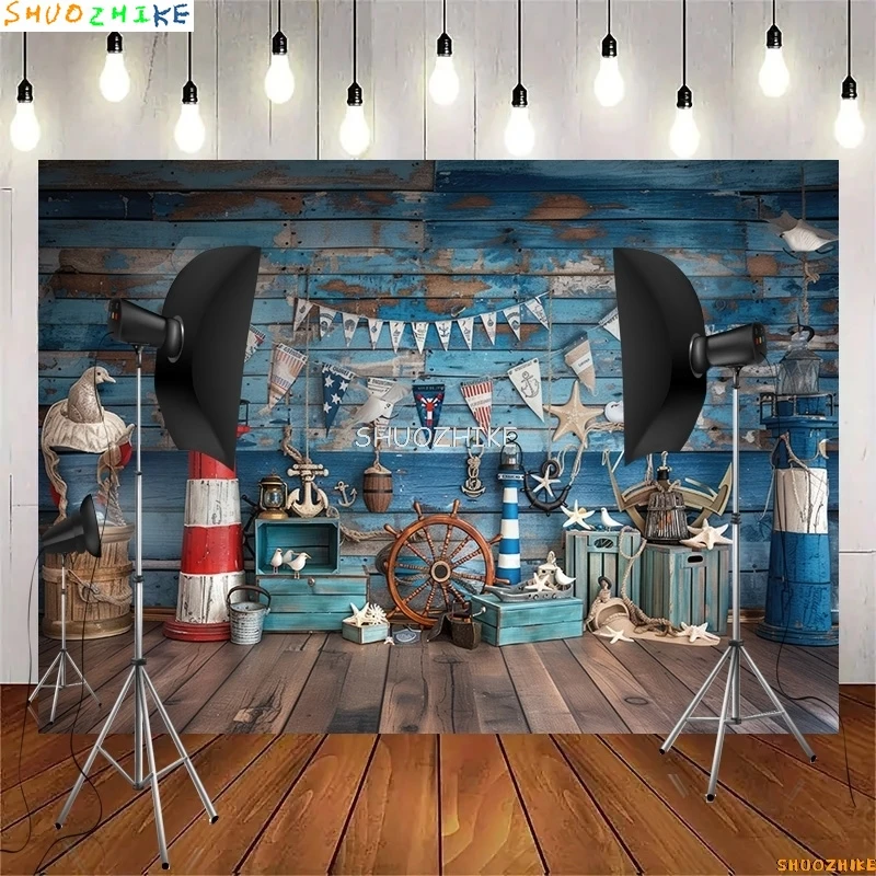 Blue Marine Lighthouse Sailboat Photography Backdrops Fishing Net Balloon Photo Studio Background Birthday Party Decor YW-01