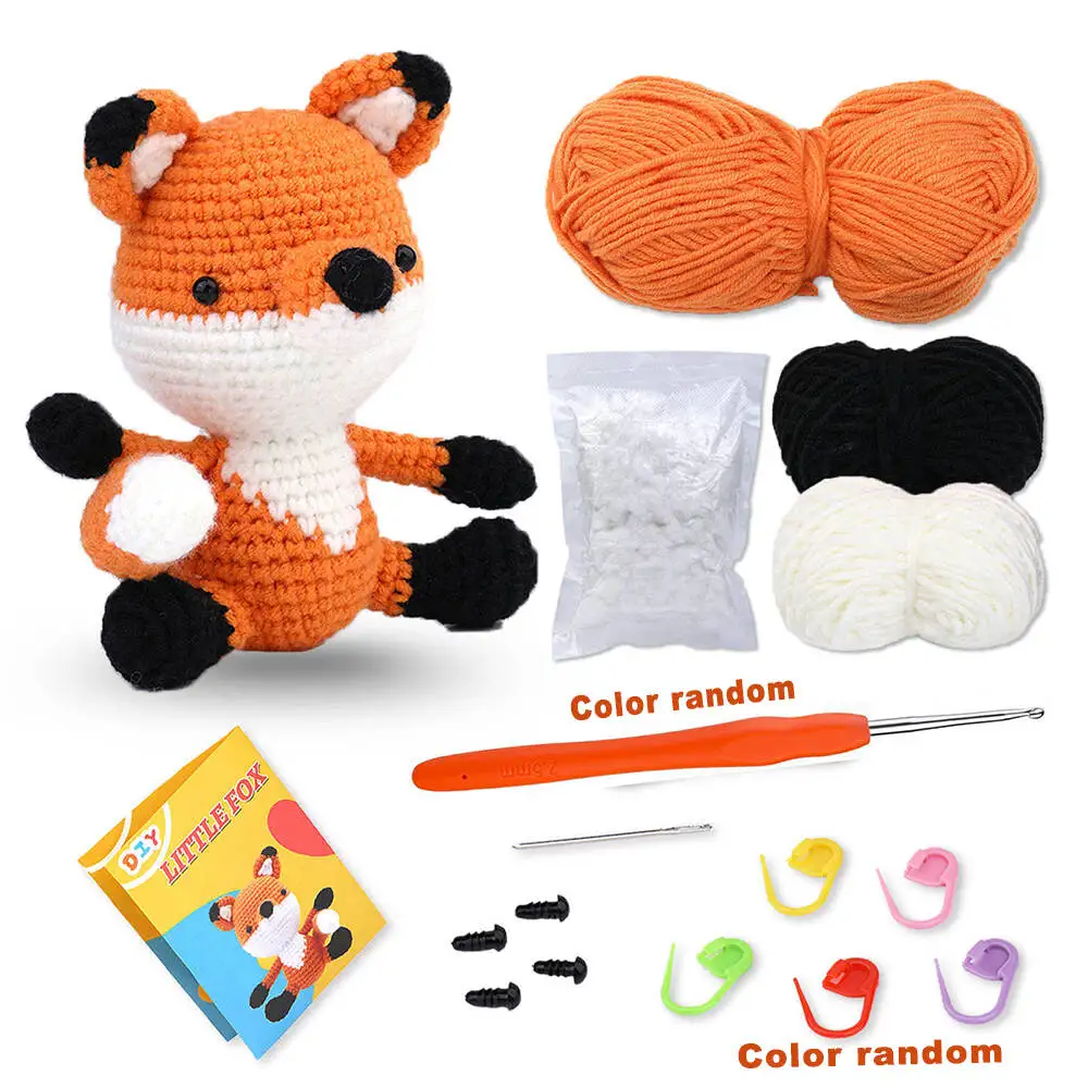 Fox Crochet Kit For Beginners With Instruction Knitting Yarn Thread Hook Needles Easy Knit Accessories Set DIY Craft