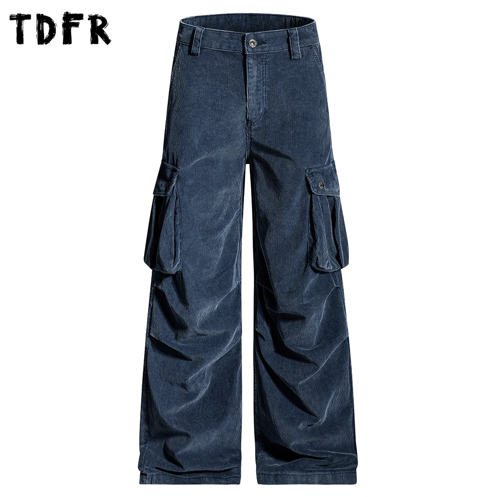 

Плиссированные вельветовые брюки-карго с карманами, мужские однотонные осенне-зимние повседневные мешковатые прямые широкие брюки в стиле ретро, мужские