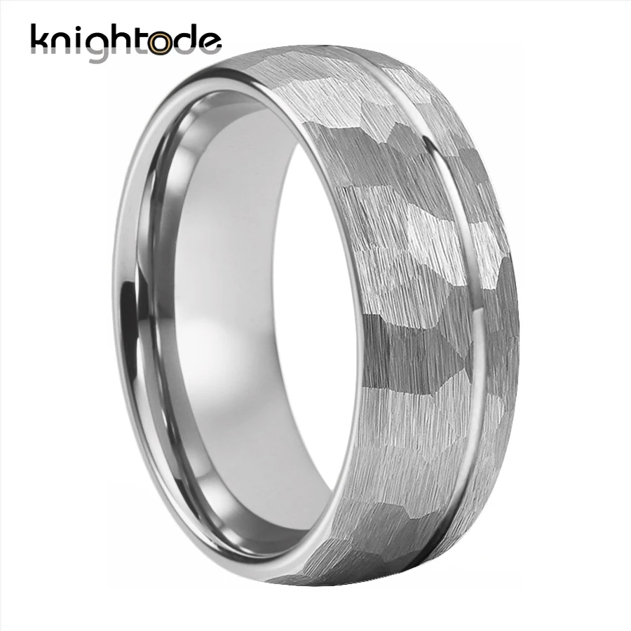 8mm Multi-Faceted Hammered Tungsten Carbide Wedding Band Couples Engagement Ring Offset Groove Dome Brushed Comfort Fit