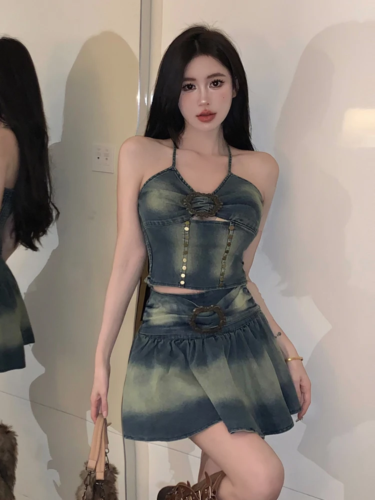 아메리칸 슬레 스파이시 걸 아디언트 컬러 네일레스 빈티지 데님 오트 베스트 하이웨이스트 슬림 A라인 스커트 투피스 세트