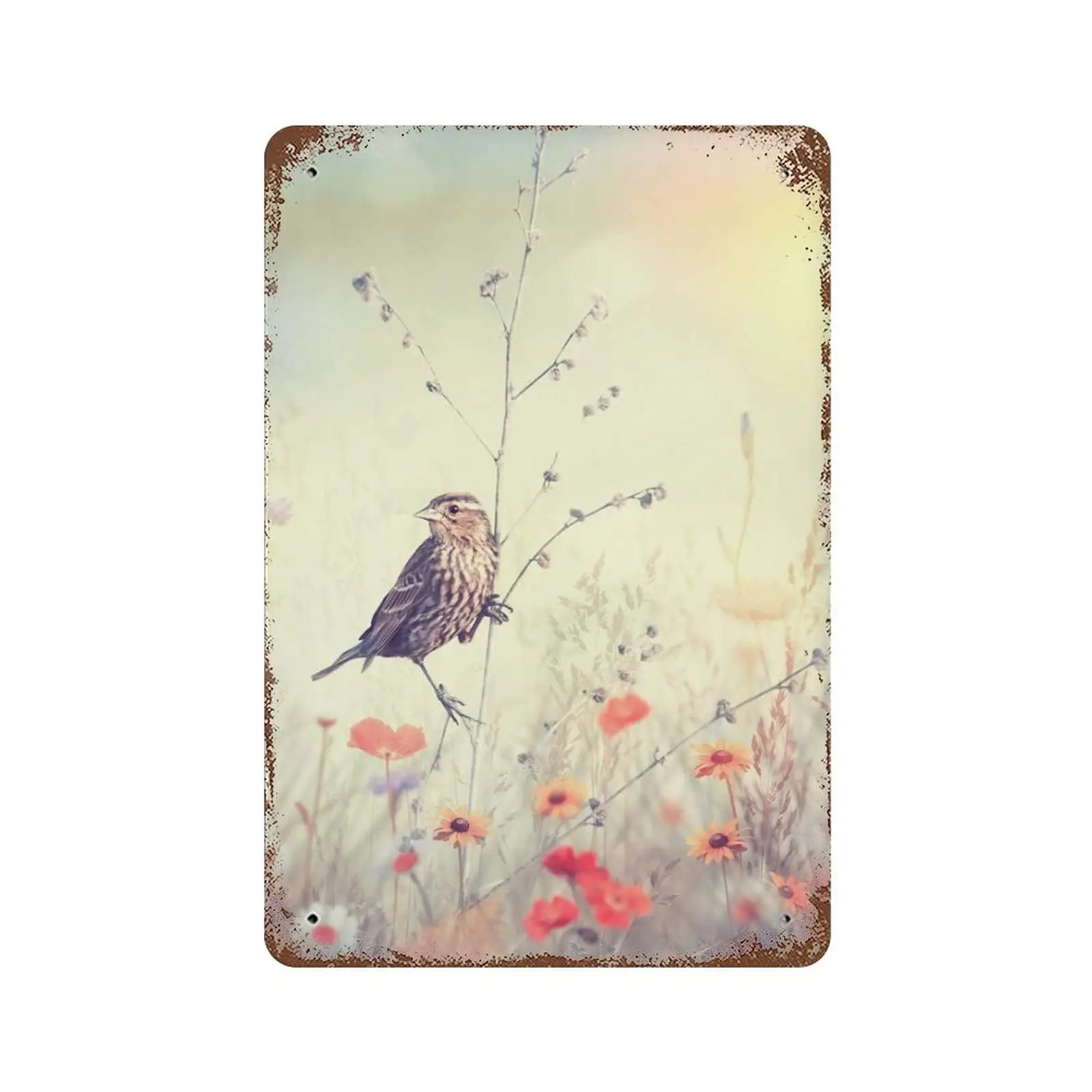 Habilboi Retro Vintage Metal Plaque Sign Field with Wild Flowers and A Bird in The Sunlight Vintage Metal Tin Signs for Men Wome