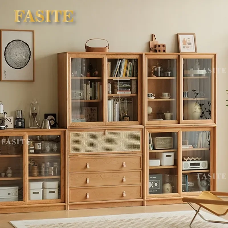 Japanese Style Solid Wood Bookcase Cherry Sliding Door Side Cabinet Modern Simple Storage Locker Log Furniture for Living