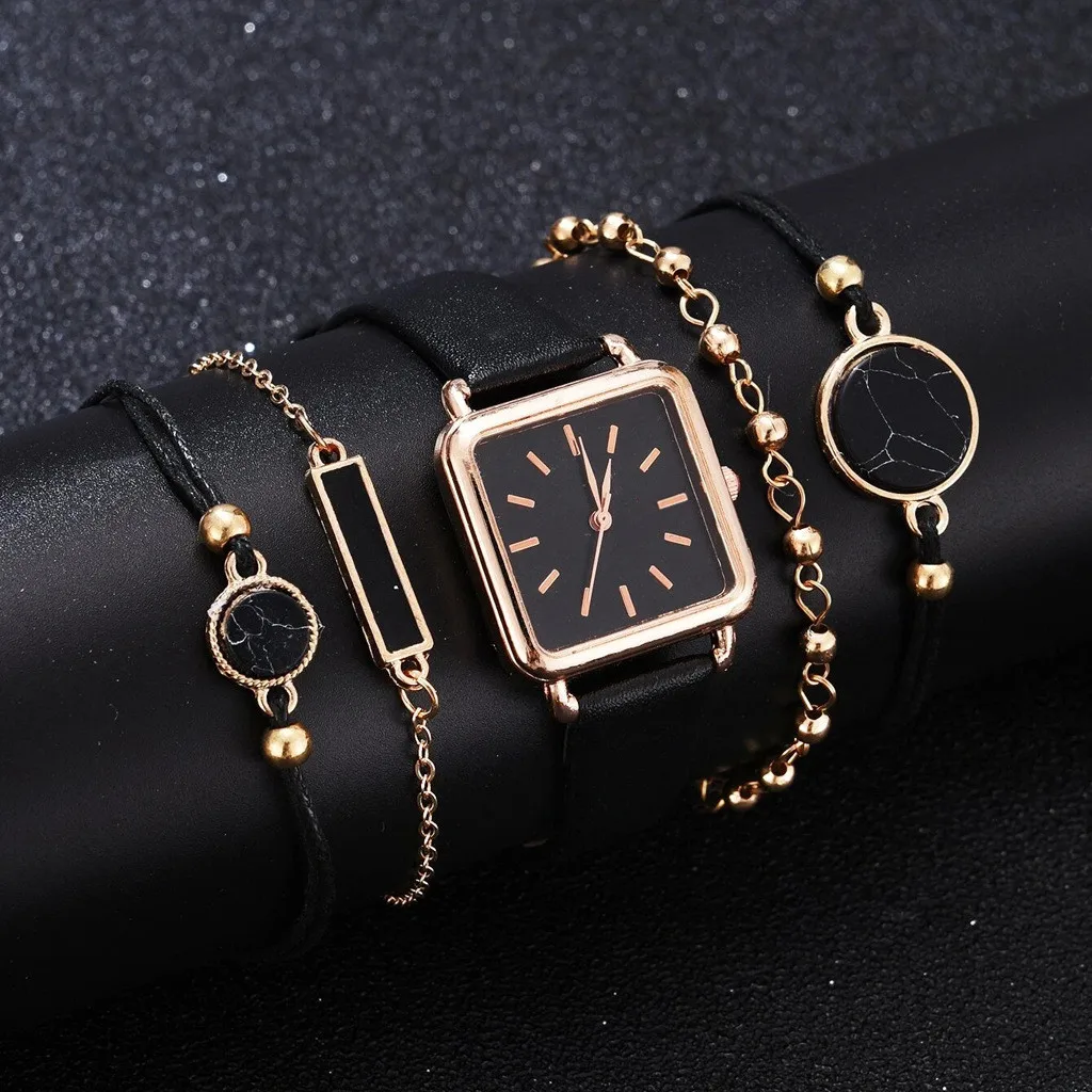 Top Brand Quartz Wristwatch Women 2023 New Stylish Fashion Bracelet Set Luxury Watch White Black Leather Strap Clock reloj mujer