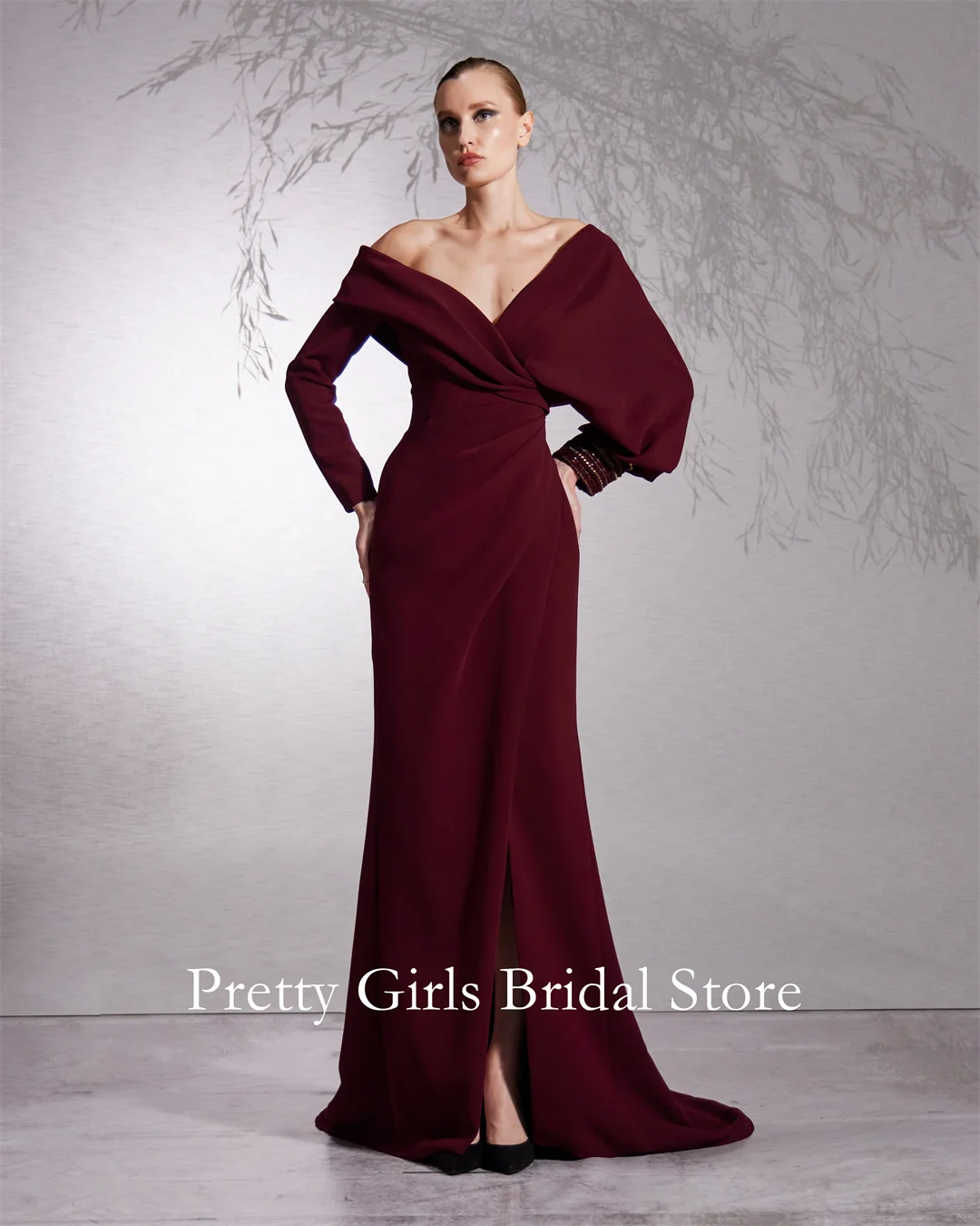 Asymmetric Open Slit Hand Beaded Cuff Dress Burgundy Floor Length Prom Dress Customized Formal Prom Growns Party Women Bride